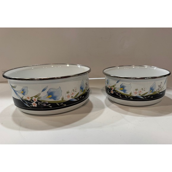 Enamel Bowls Set Blue stacking Iris Floral Design Kitchenware one lid B2.50 - Picture 1 of 9